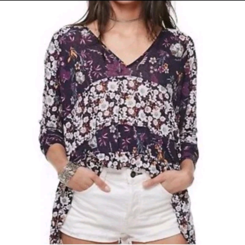 Free People Isabelle Floral Tunic Top Oversized White Blue Purple Blouse S - Picture 3 of 16